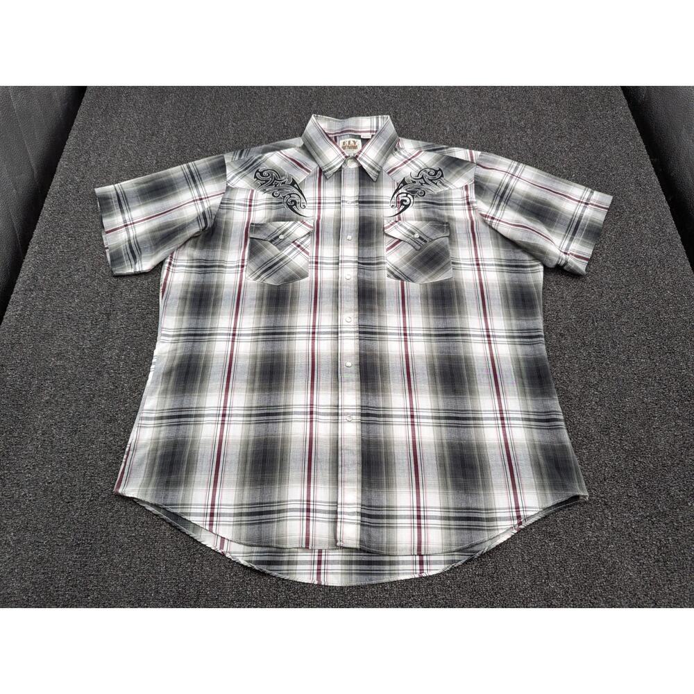 Ely Cattleman Men's Western Shirt Gray Plaid Short Sleeve Pearl Snap Size XL